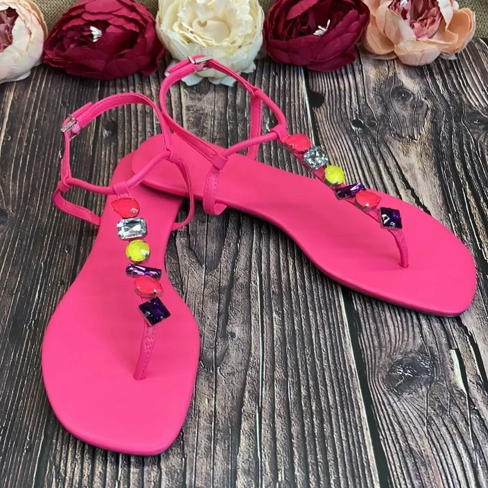 Schutz Neon Pink Eryl Embellished Thong Sandals 9B - Picture 7 of 8